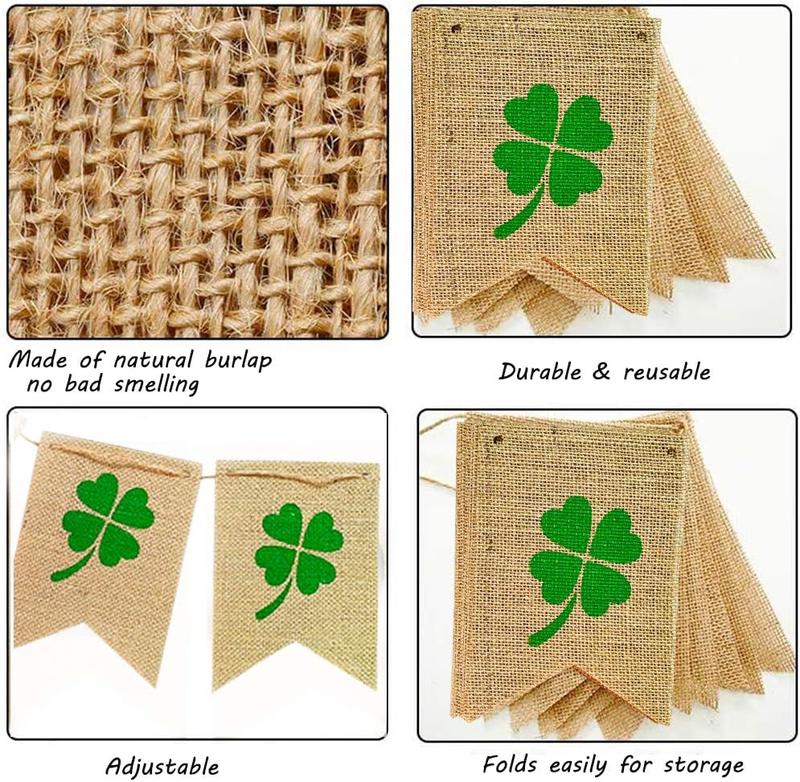 Lucky Shamrock Burlap Garland Banners for St.Patrick's Day Decorations Rustic Burlap Shamrock Clover Banner Garland for Irish Day, Office, Party Supplies Decor