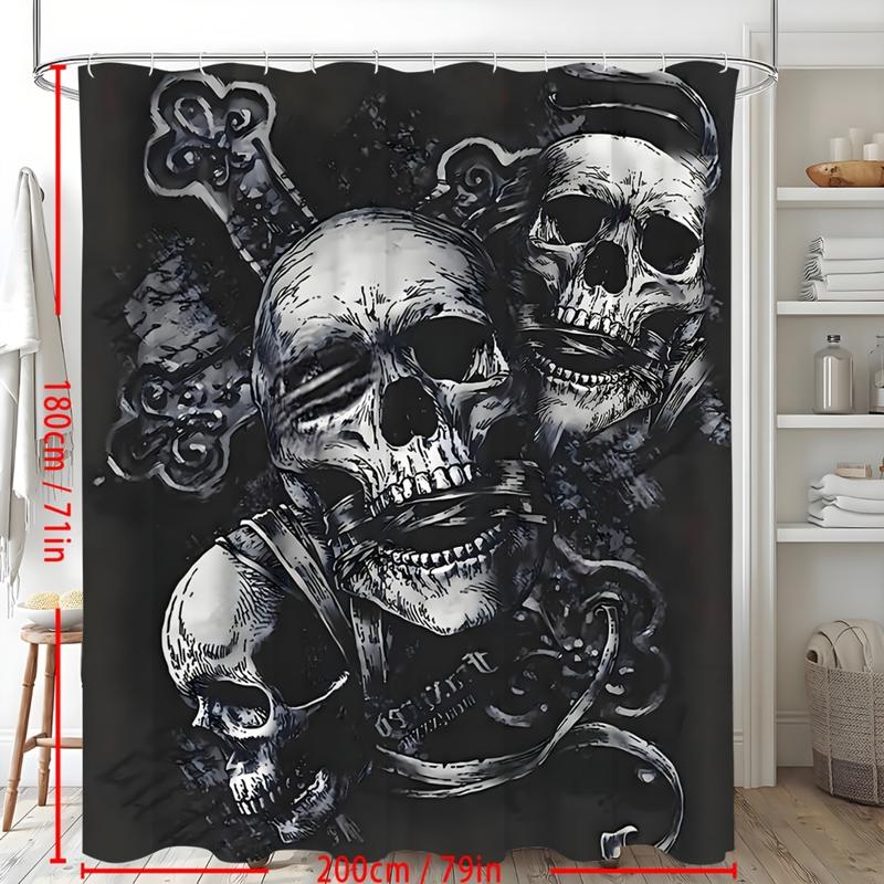 Gothic Three Skull Shower Curtain - Bathroom - Decor - Edgy & Stylish. With 12 Hooks. Two Sizes. Dark Aesthetic for a Unique Bathroom Look