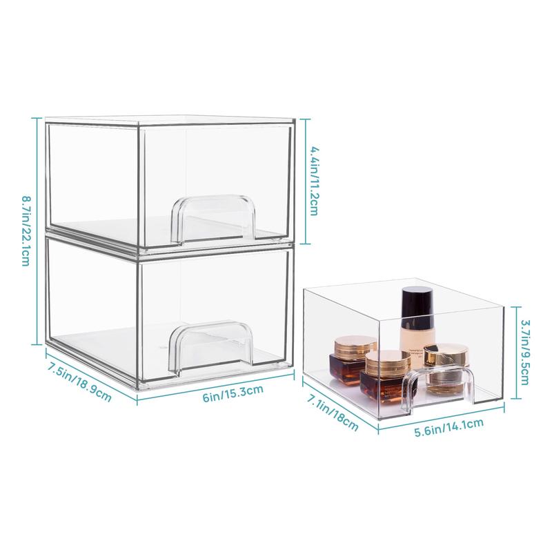 4 Pack Clear Stackable Storage Drawers, 4.4'' Tall Acrylic Bathroom Makeup Organizer,Plastic Storage Bins For Vanity, Undersink, Kitchen Cabinets, Pantry, Home Organization and Storage