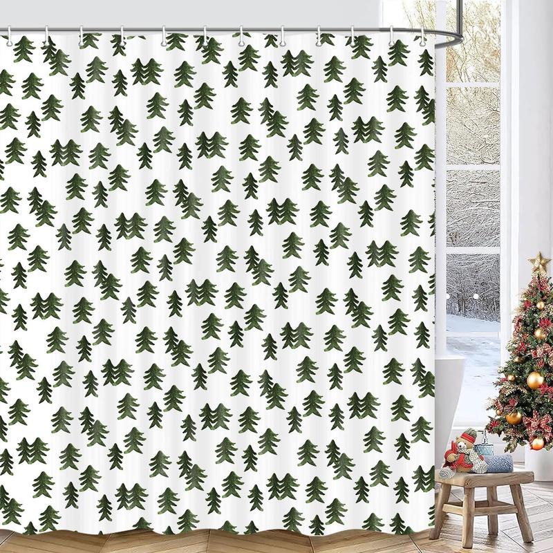 Winter Shower Curtain Green Christmas Tree Winter Snow Forest Bathroom Decor Teal Green Pine Tree Bath Curtain Winter Nature Scene Xmas Holiday Hooks Included 70X70IN