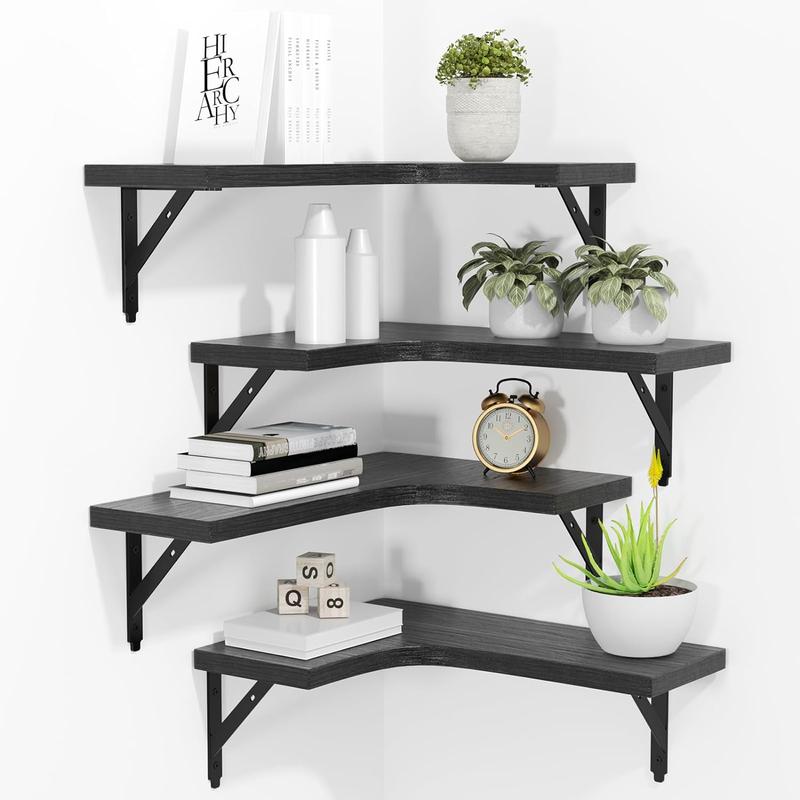 Corner Floating Shelves Wall Mounted Set of 4, Rustic Wood Storage Display Wall Shelves for Home Decor, Bathroom, Kitchen, Bedroom, Living Room, Office (Black)