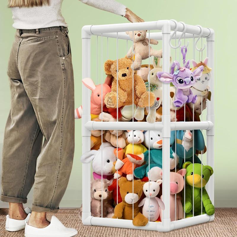 Large Stuffed Animal Zoo with Elastic Cords and Bottom Net, 20''x20''x56'' (372L Capacity) Stuffed Animal Storage, Corner Organizer, Space Save Toy Storage, Plushies Storage for NurseryKids' Playroom