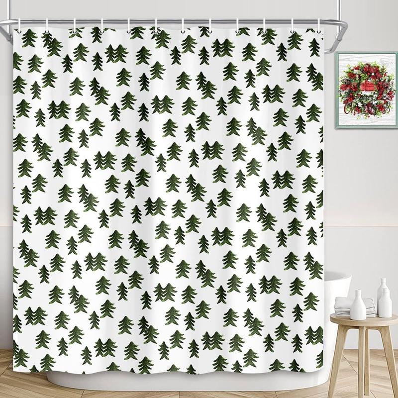 Winter Shower Curtain Green Christmas Tree Winter Snow Forest Bathroom Decor Teal Green Pine Tree Bath Curtain Winter Nature Scene Xmas Holiday Hooks Included 70X70IN