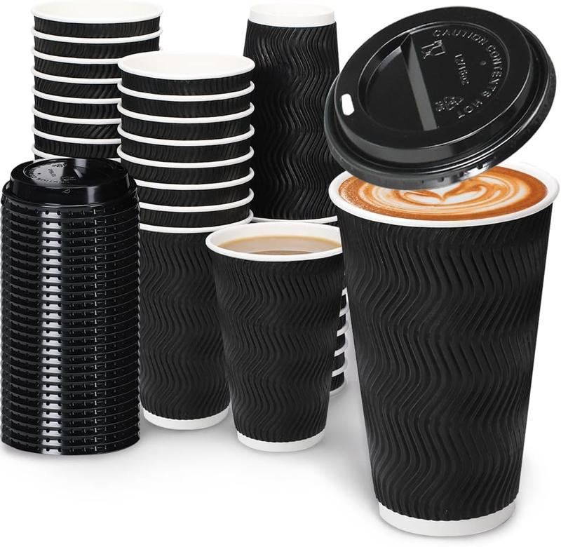 HOW'S MY HOUSE 16oz Coffee Cups with Lids, 100 Pack Insulated Ripple Paper Cups, Disposable Coffee Cups for Water, Juice, Coffee