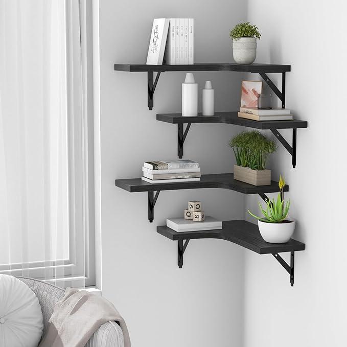 Corner Floating Shelves Wall Mounted Set of 4, Rustic Wood Storage Display Wall Shelves for Home Decor, Bathroom, Kitchen, Bedroom, Living Room, Office (Black)