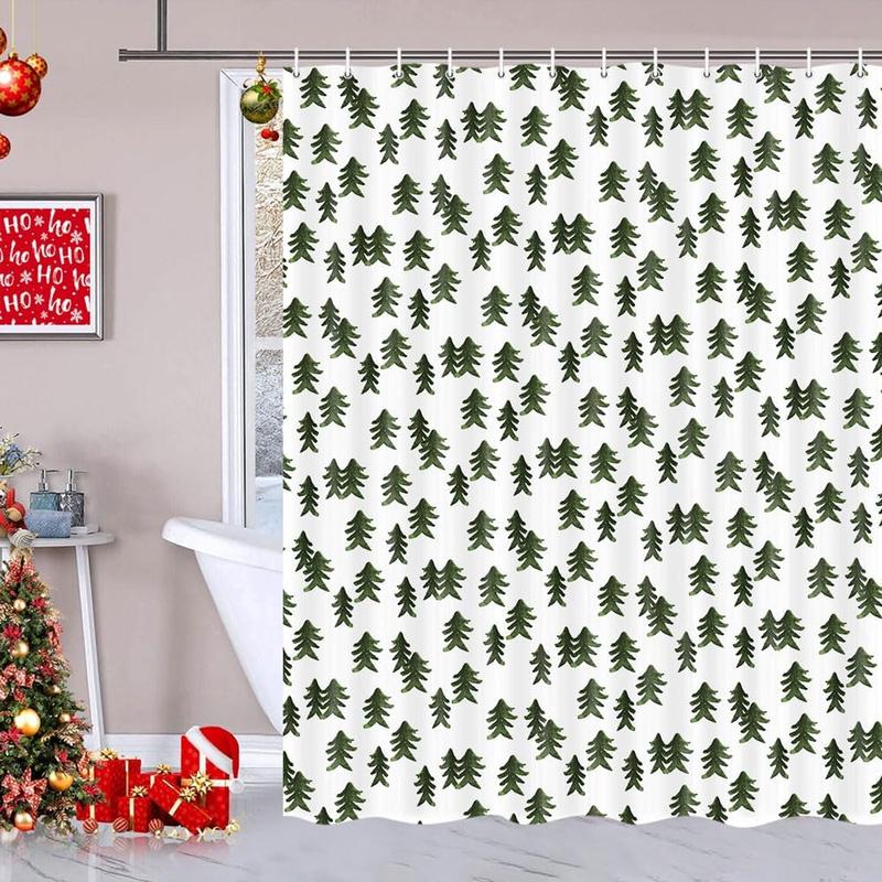 Winter Shower Curtain Green Christmas Tree Winter Snow Forest Bathroom Decor Teal Green Pine Tree Bath Curtain Winter Nature Scene Xmas Holiday Hooks Included 70X70IN