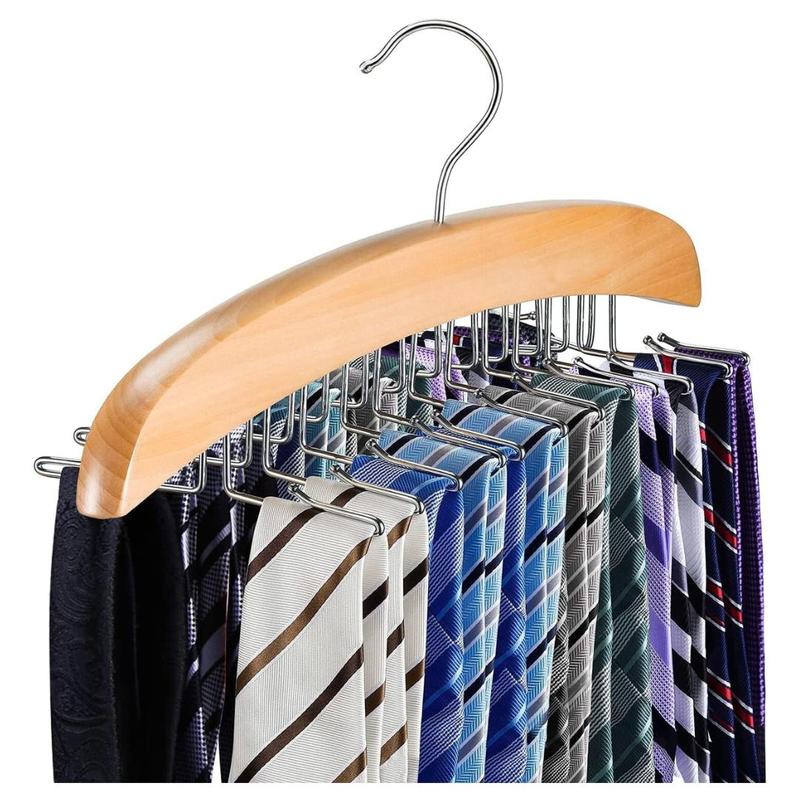 Tie Rack Hanger for Closet, Wooden Tie Holder Organizer Necktie Storage with 24 Folding Hooks, 360 Degree Rotating Tie Rack for Men Ties Belts Scarves Tank Tops Accessories, 1 Pack