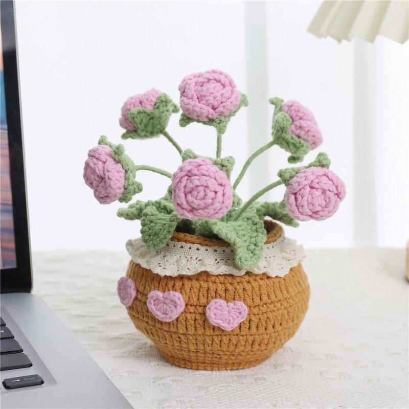 Handmade Knitted Rose Artificial Potted Flower, 1 Count Crochet Flower, Desktop Decorative Flower Pot for Home Office Decor, Gift for Friend & Family, Christmas 2024 Ornament, Christmas Gift Ideas, Crocchet Flowers Home Decor