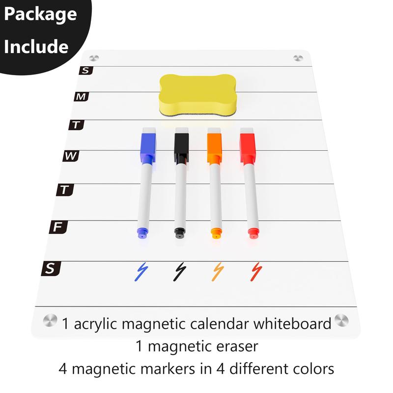 White Acrylic Weekly Planner Magnetic Menu Board for Kitchen Fridge w  4 Markers, Refrigerator Whiteboard Weekly Dry Erase Calendar Planning Noteboard to Do Grocery Shopping List, 12