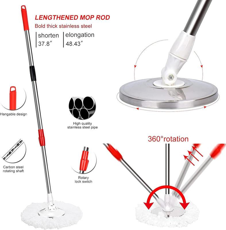 Household Cleaning Spin Mop Set with Bucket Wrings System, 3pcs Microfiber Mop Head, 61-inch Adjustable Extendable Pole, Stainless Steel Handle Box