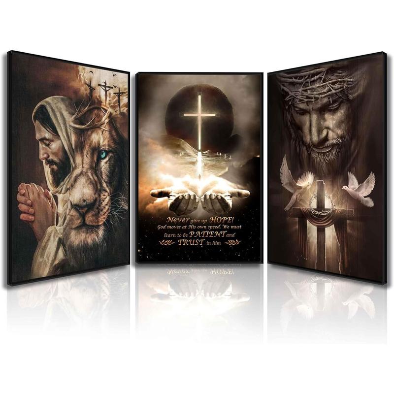 3Pcs Jesus Wall Art Jesus Lion Posters Pictures Christian Paintings Cross Bible Art Canvas Prints Cross And Peace Dove Decor Redemption And God Series for Room Religious Churches Wall Decor Unframed