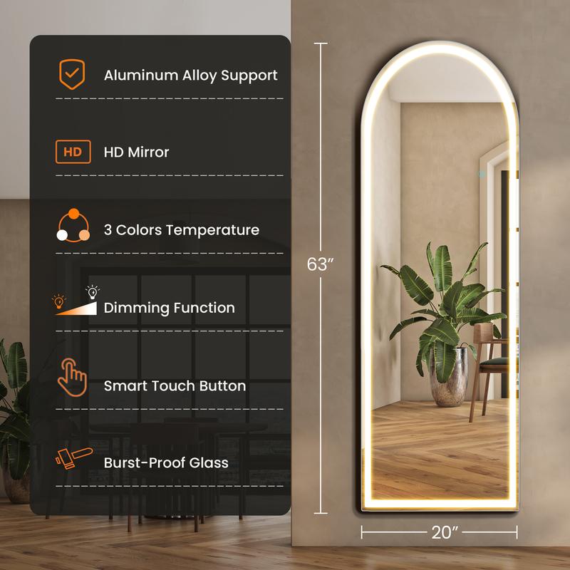 SweetDreamy House  full length mirror Standing Mirror with LED Lights, Lighted Floor Mirror with Stand, w Dimming & 3 Color Lighting, Wall Mirror Full Length Aluminum Alloy Thin Frame