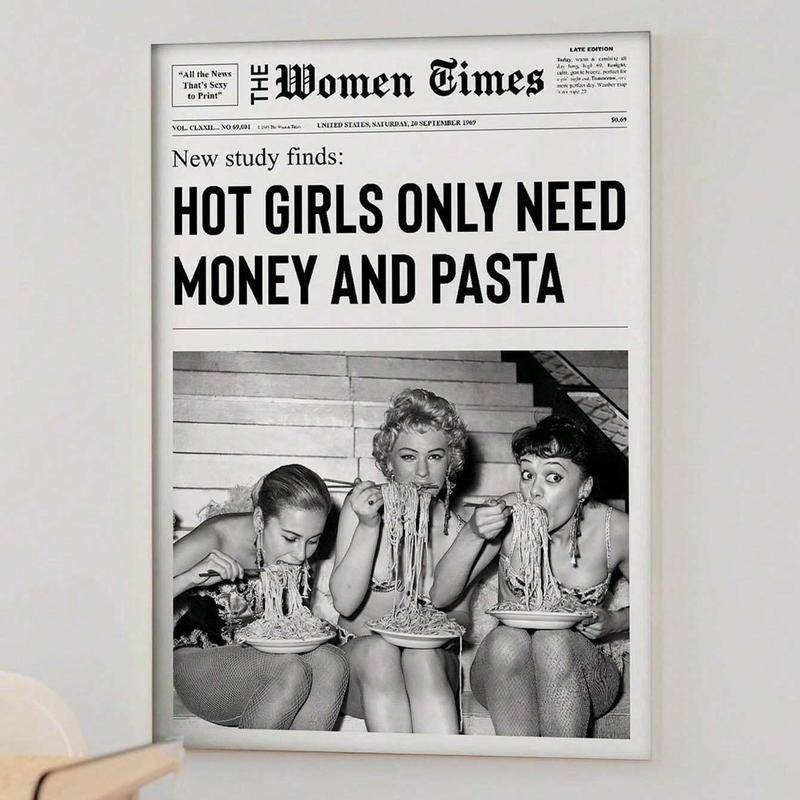 Hot Girls Only Need Money and Pasta Art Canvas Painting, Retro Fun Painting, Aesthetic Decorative Painting for Living Room, Bedroom, Office, Bar Wall, without Frame