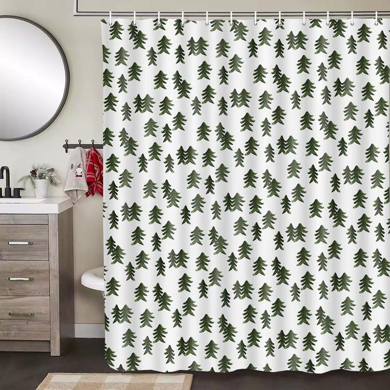 Winter Shower Curtain Green Christmas Tree Winter Snow Forest Bathroom Decor Teal Green Pine Tree Bath Curtain Winter Nature Scene Xmas Holiday Hooks Included 70X70IN