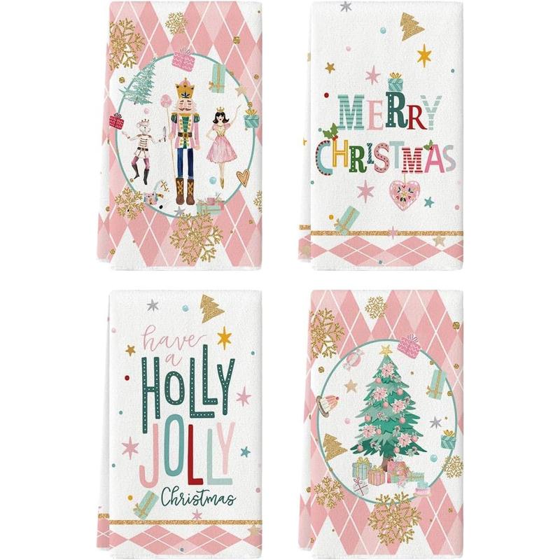 Pink Nutcrackers Tree Holly Jolly Merry Christmas Kitchen Towels Dish Towels, 18x26 Inch Seasonal Winter Xmas Decoration Hand Towels Set of 4