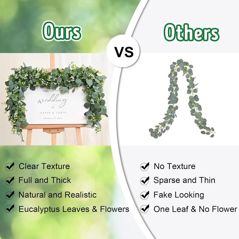 Eucalyptus Garland, 5.9FT Greenery Garland, Green Garland with Flowers, Artificial Faux Silver Dollar Eucalyptus Leaves Vines for Table Home Wedding Mantle Party Indoor Outdoor Decor Decorative Fruit Plants Plastic Silk Decoration Hand Light Ornaments