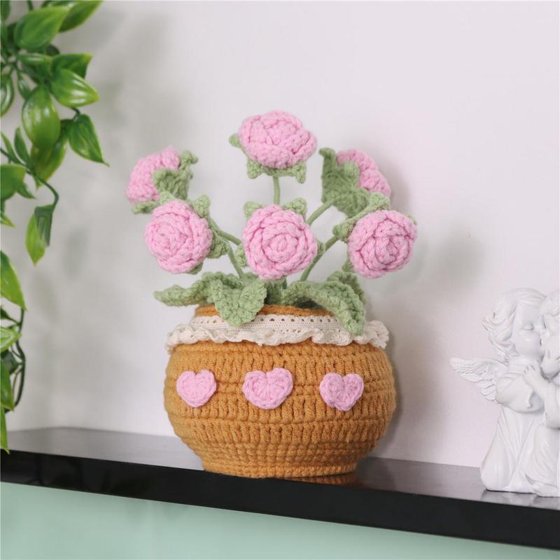 Handmade Knitted Rose Artificial Potted Flower, 1 Count Crochet Flower, Desktop Decorative Flower Pot for Home Office Decor, Gift for Friend & Family, Christmas 2024 Ornament, Christmas Gift Ideas, Crocchet Flowers Home Decor