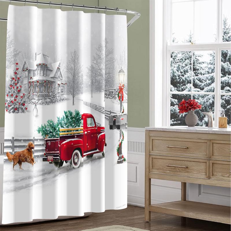 PAUSEBOLL Winter Christmas Shower Curtain White Snow Vintage Red Truck Holiday Trees and Pet Dog Welcome Home Bathroom Shower Curtain with Hooks Waterproof Home Decor Curtain 72x72 Inch