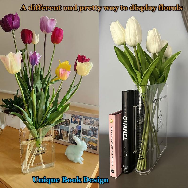 Bookend Vase for Flowers, Cute Bookshelf Decor, Unique Vase for Book Lovers, Artistic and Cultural Flavor Acrylic Vases for Home Office Decor, A Book About Flowers (Clear - B) Ornaments