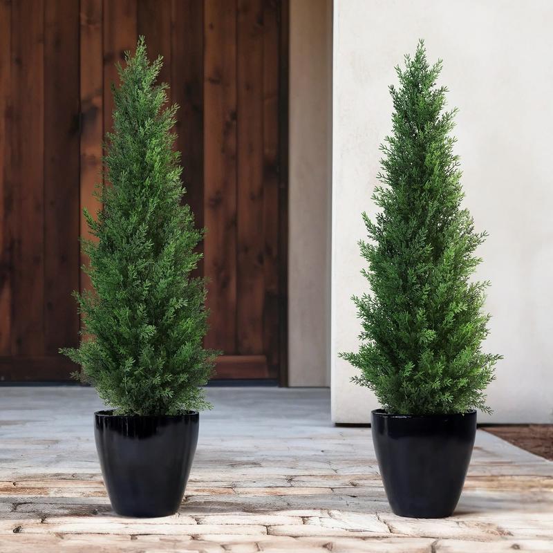 Artificial Cedar Tree 2 Pack 3 ft Outdoor Artificial Topiary Cedar Plants Fake Tree UV Rated Potted Plants for Porch Decor Faux Pine Tree for Perfect Housewarming Gift