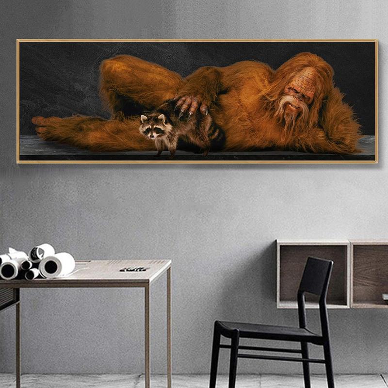 Sasquatch & Raccoon Pattern Canvas Poster without Frame, 1 Count Fashion Bigfoot Wall Art, Wall Decor for Home Living Room Bedroom Office