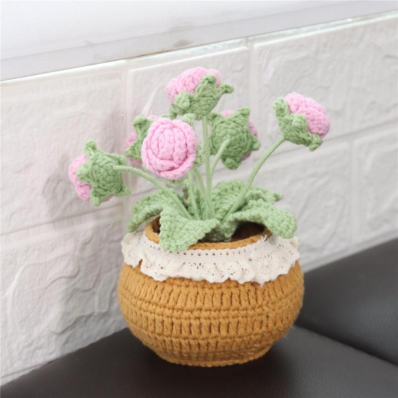 Handmade Knitted Rose Artificial Potted Flower, 1 Count Crochet Flower, Desktop Decorative Flower Pot for Home Office Decor, Gift for Friend & Family, Christmas 2024 Ornament, Christmas Gift Ideas, Crocchet Flowers Home Decor