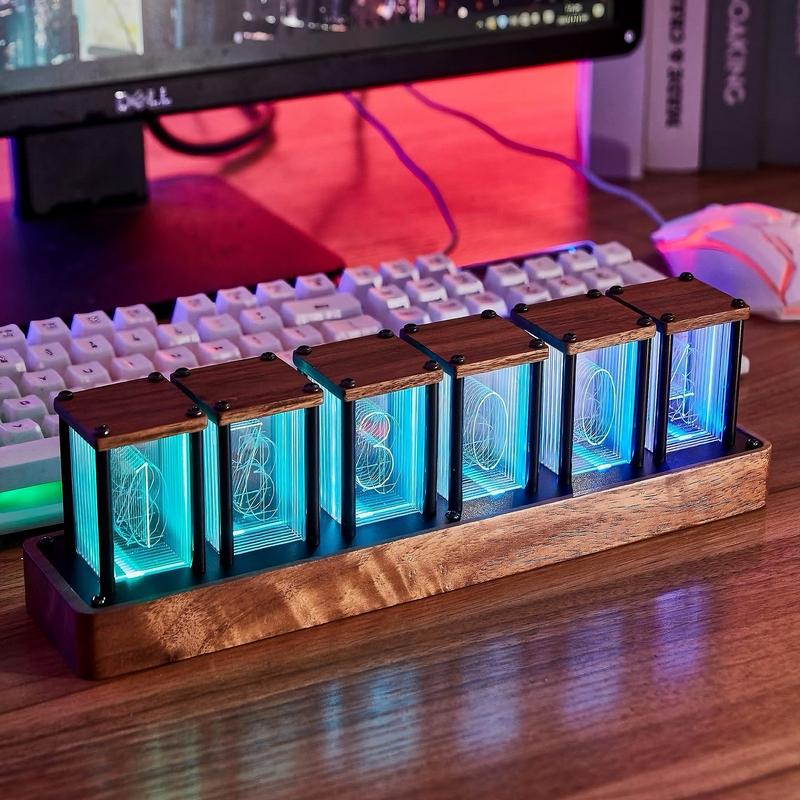 Nixie Tube Clock Walnut Digital Clock, Support Wi-Fi Time Calibration, Electronic Alarm and 12 24h Display, LED Full Color Custom RGB