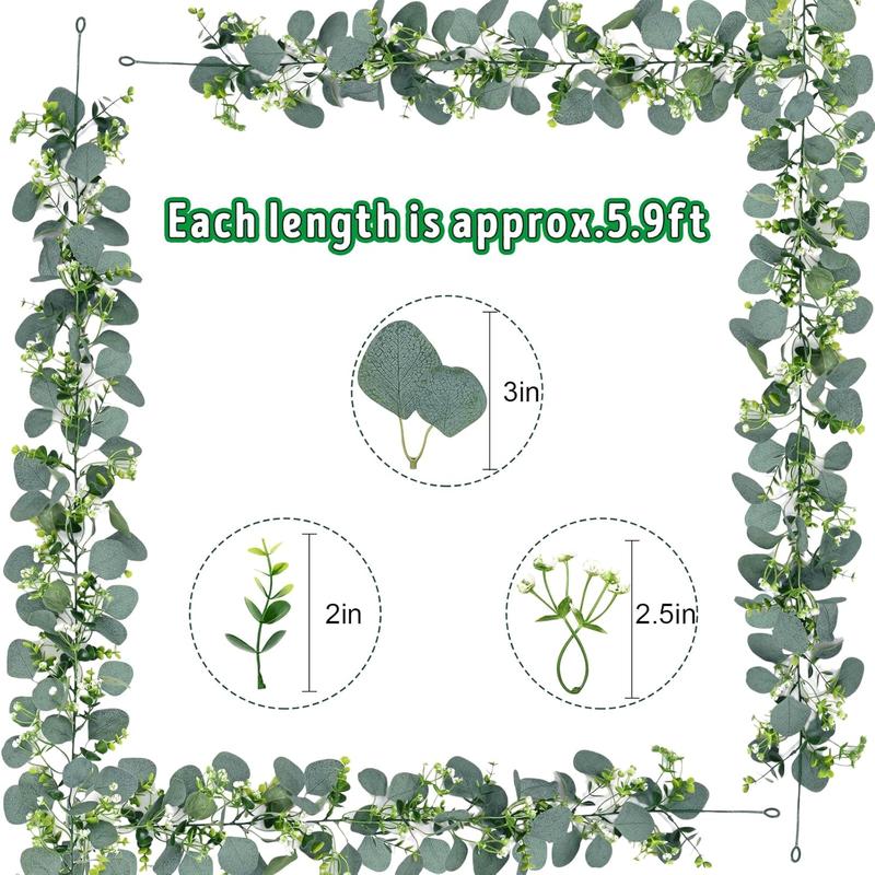 Eucalyptus Garland, 5.9FT Greenery Garland, Green Garland with Flowers, Artificial Faux Silver Dollar Eucalyptus Leaves Vines for Table Home Wedding Mantle Party Indoor Outdoor Decor Decorative Fruit Plants Plastic Silk Decoration Hand Light Ornaments