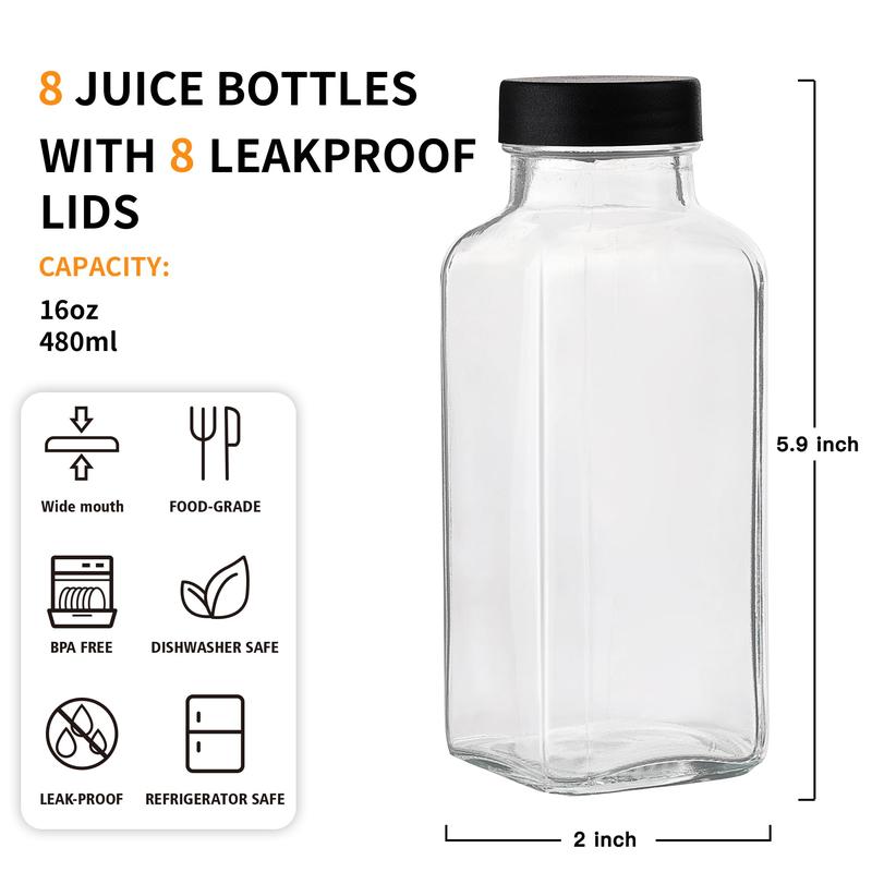 8 Pack 16 OZ Glass Juice Bottles with Airtight Lids & 4 Straws & 4 Lids w Hole, Reusbale Clear Glass Homemade Drinking Jars, Glass Bottles for Juicing, Smoothies, Water, Milk, Kombucha