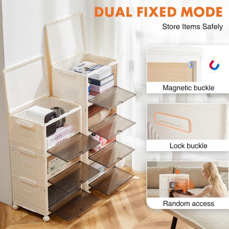 Sweet Furniture Plus 3 Tier   4 Tier Stackable Plastic Storage Bins with Lid - 23QT Foldable Organizers and Storage with Magnetic Doors & Lockable Wheels, Collapsible Storage Boxes for Living Room, Office, Dorm for Christmas Gifts