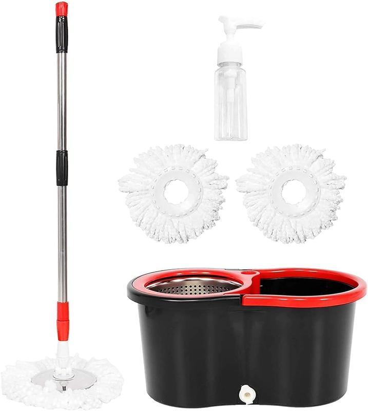 Household Cleaning Spin Mop Set with Bucket Wrings System, 3pcs Microfiber Mop Head, 61-inch Adjustable Extendable Pole, Stainless Steel Handle Box