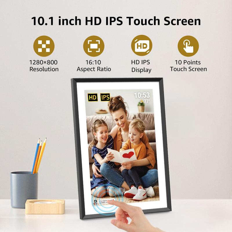 10.1 15.6in Digital Photo Frame, WiFi Electronic Frame with 32GB Storage, IPS Touch Screen, Auto-Rotate, Slideshow, Share Photos Videos Music Calendar Alarm