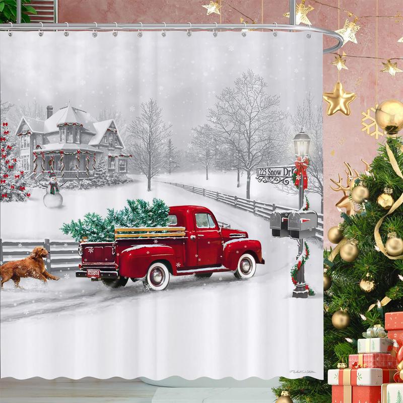 PAUSEBOLL Winter Christmas Shower Curtain White Snow Vintage Red Truck Holiday Trees and Pet Dog Welcome Home Bathroom Shower Curtain with Hooks Waterproof Home Decor Curtain 72x72 Inch