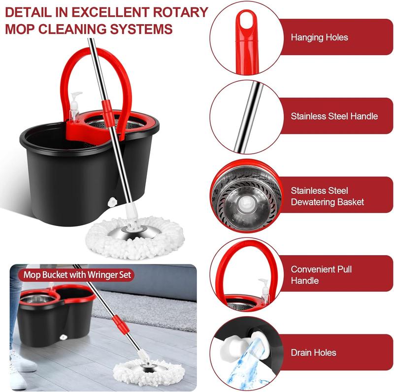 Household Cleaning Spin Mop Set with Bucket Wrings System, 3pcs Microfiber Mop Head, 61-inch Adjustable Extendable Pole, Stainless Steel Handle Box