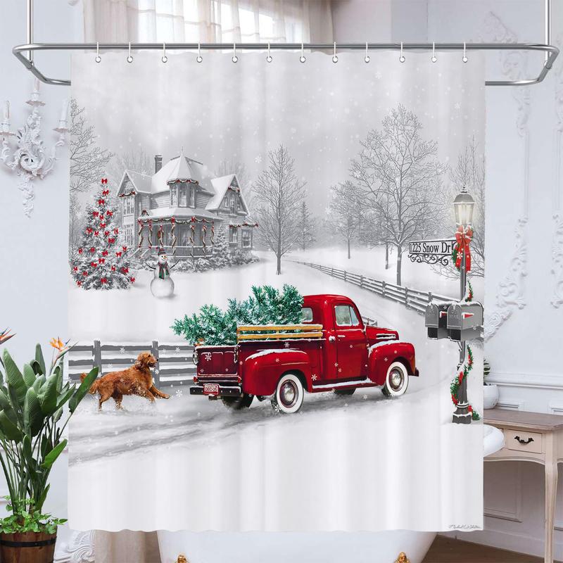 PAUSEBOLL Winter Christmas Shower Curtain White Snow Vintage Red Truck Holiday Trees and Pet Dog Welcome Home Bathroom Shower Curtain with Hooks Waterproof Home Decor Curtain 72x72 Inch