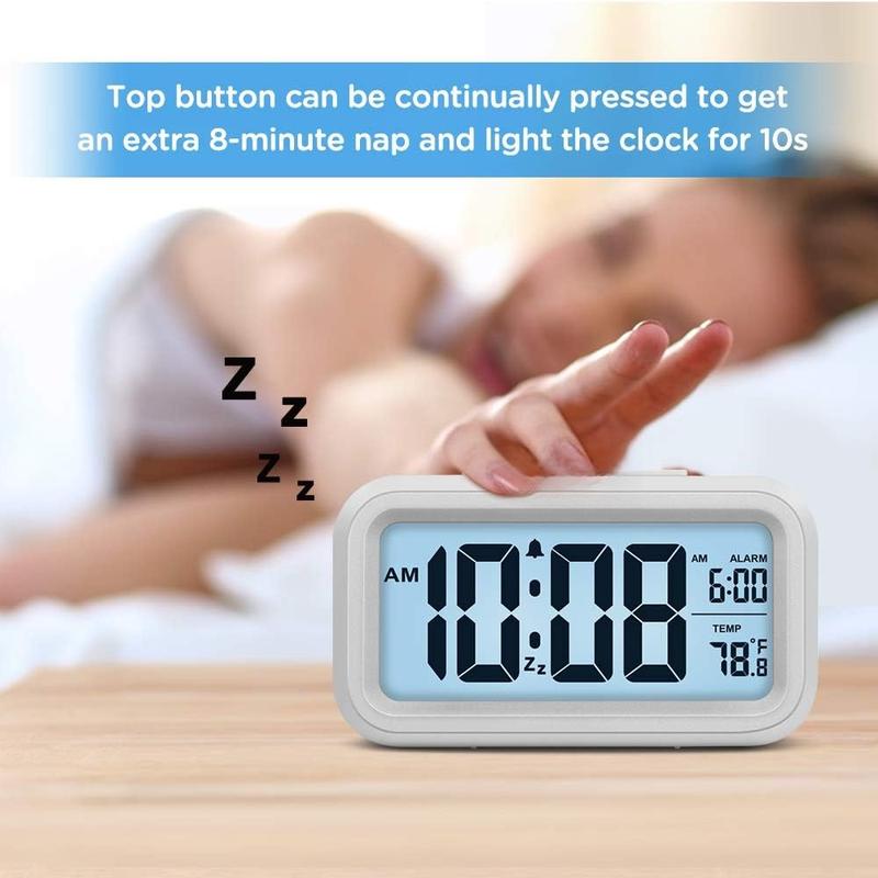 Night Light Digital Alarm Clock Battery Operated with Indoor Temperature, Desk Small Clock (White)