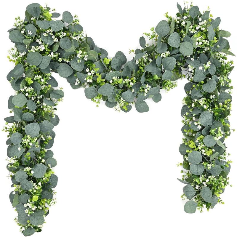 Eucalyptus Garland, 5.9FT Greenery Garland, Green Garland with Flowers, Artificial Faux Silver Dollar Eucalyptus Leaves Vines for Table Home Wedding Mantle Party Indoor Outdoor Decor Decorative Fruit Plants Plastic Silk Decoration Hand Light Ornaments