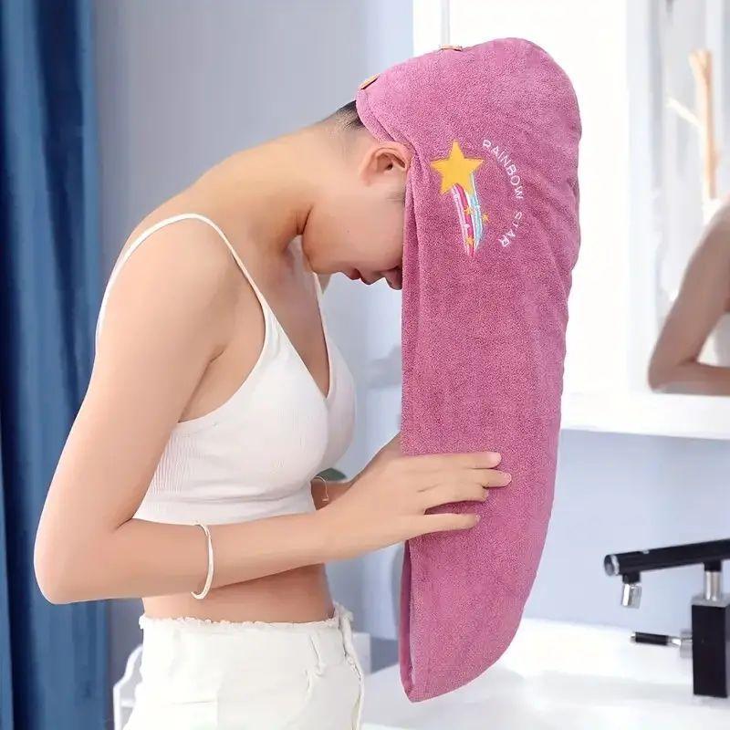 Cute Embroidered Hair Drying Towel, 1 Count Soft Coral Fleece Hair Towel Wrap, Absorbent Shower Cap for Women & Girls