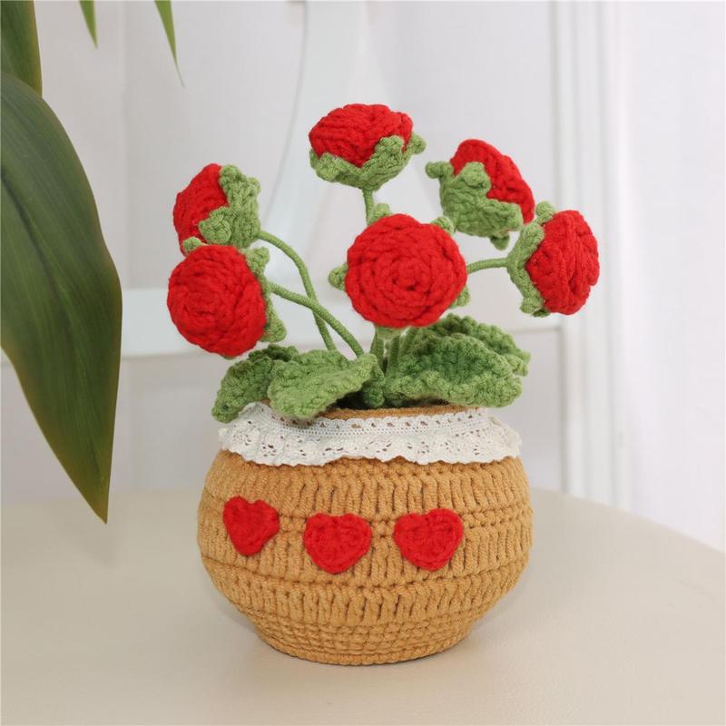 Handmade Knitted Rose Artificial Potted Flower, 1 Count Crochet Flower, Desktop Decorative Flower Pot for Home Office Decor, Gift for Friend & Family, Christmas 2024 Ornament, Christmas Gift Ideas, Crocchet Flowers Home Decor