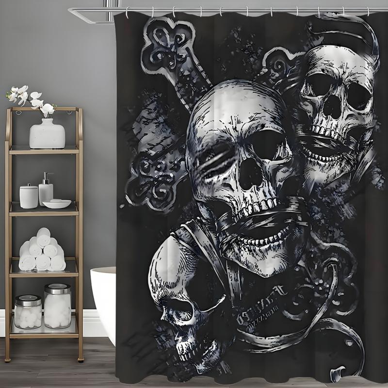 Gothic Three Skull Shower Curtain - Bathroom - Decor - Edgy & Stylish. With 12 Hooks. Two Sizes. Dark Aesthetic for a Unique Bathroom Look