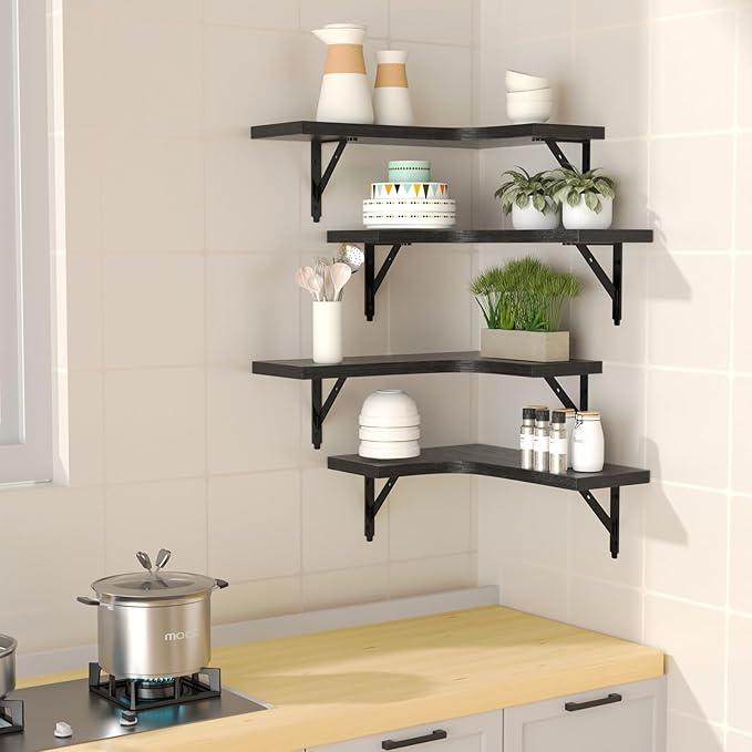 Corner Floating Shelves Wall Mounted Set of 4, Rustic Wood Storage Display Wall Shelves for Home Decor, Bathroom, Kitchen, Bedroom, Living Room, Office (Black)