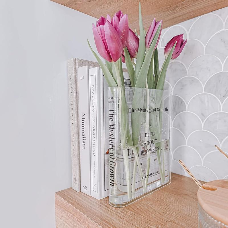 Bookend Vase for Flowers, Cute Bookshelf Decor, Unique Vase for Book Lovers, Artistic and Cultural Flavor Acrylic Vases for Home Office Decor, A Book About Flowers (Clear - B) Ornaments