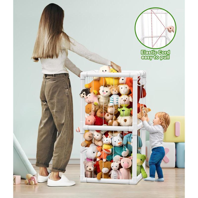 Large Stuffed Animal Zoo with Elastic Cords and Bottom Net, 20''x20''x56'' (372L Capacity) Stuffed Animal Storage, Corner Organizer, Space Save Toy Storage, Plushies Storage for NurseryKids' Playroom