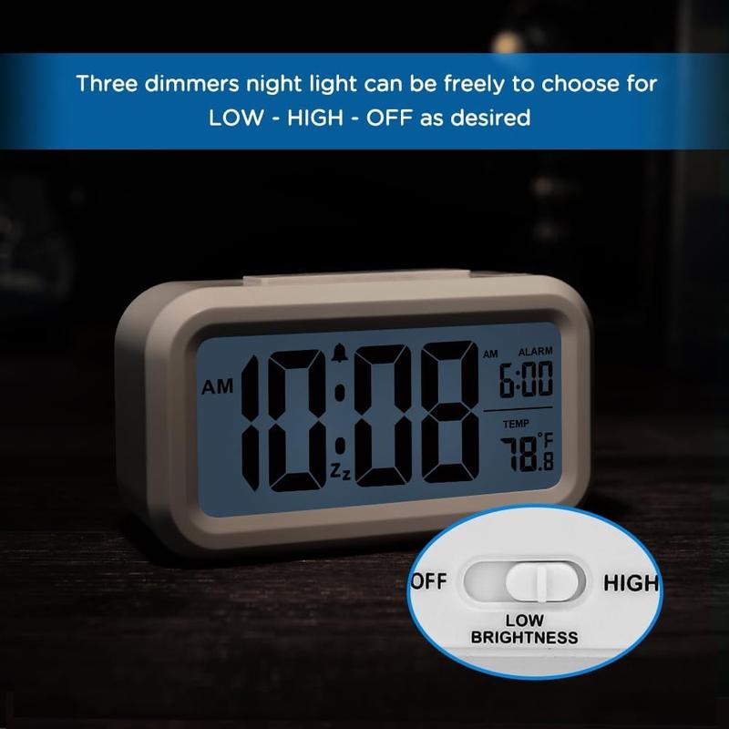 Night Light Digital Alarm Clock Battery Operated with Indoor Temperature, Desk Small Clock (White)