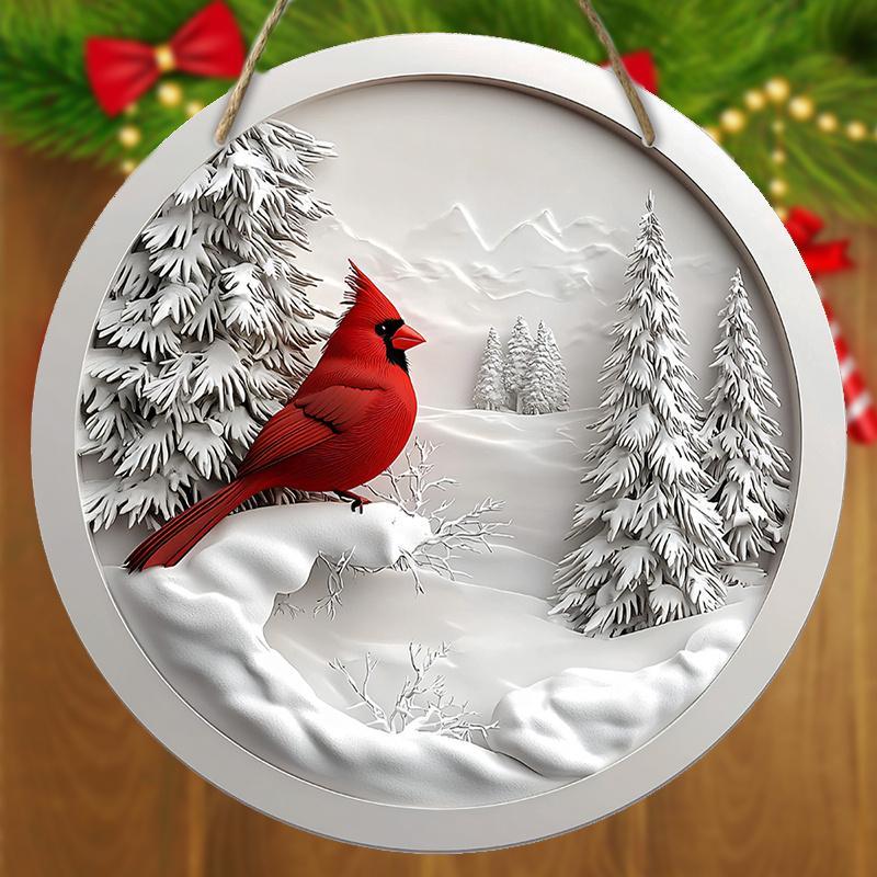 Wooden Hanging Sign, Classic Cardinal Warm Winter Wooden Sign, Round Hanging Decor for Yard Door Wall, Ideal Christmas Decoration