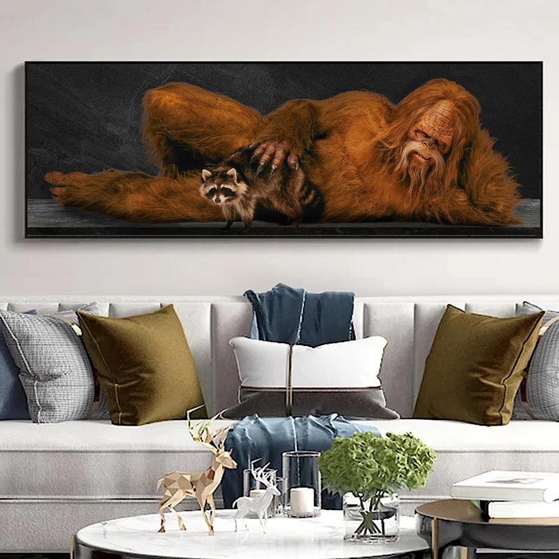 Sasquatch & Raccoon Pattern Canvas Poster without Frame, 1 Count Fashion Bigfoot Wall Art, Wall Decor for Home Living Room Bedroom Office