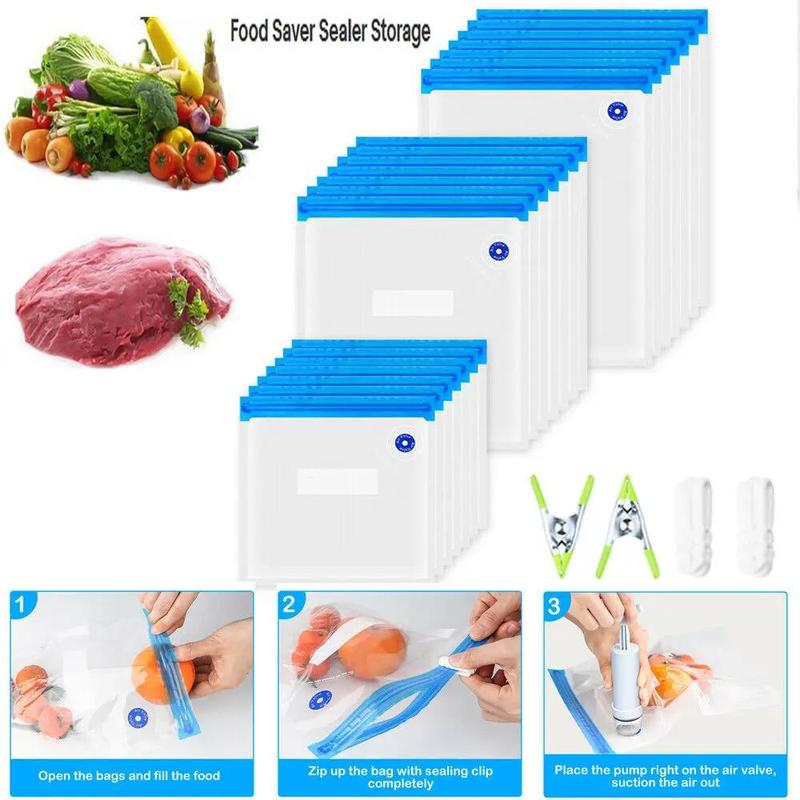 Transparent Zipper Food Storage Bag, 17pcs set Reusable Vacuum Sealed Food Storage Bag, Including 15pcs 3 Sizes Food Bags & 2pcs Sealing Clips, Household Storage Bag for Kitchen