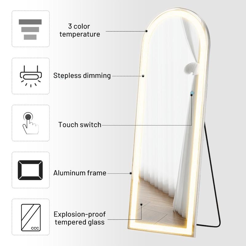 Mirror Full Length with LED Lights, Body Wall Mirrors, Floor Standing Hanging Leaning, Dimmable 3-Color Lighting for Bedroom Cloakroom