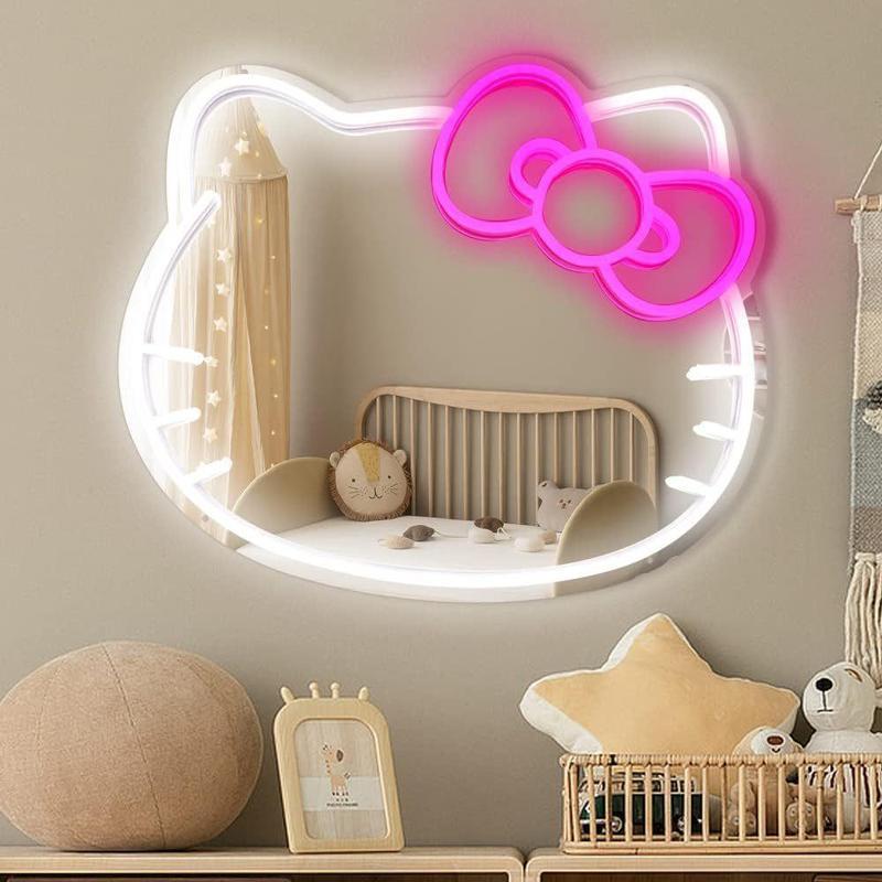 Kitty face Home Decor Mirror Kitty face shape Mirror, Bedroom Wall Mirror, Anime Neon Sign for Dresser, Locker Room,Living Room, Neon Light up Acrylic Mirror with Dimmable