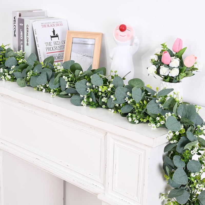 Eucalyptus Garland, 5.9FT Greenery Garland, Green Garland with Flowers, Artificial Faux Silver Dollar Eucalyptus Leaves Vines for Table Home Wedding Mantle Party Indoor Outdoor Decor Decorative Fruit Plants Plastic Silk Decoration Hand Light Ornaments